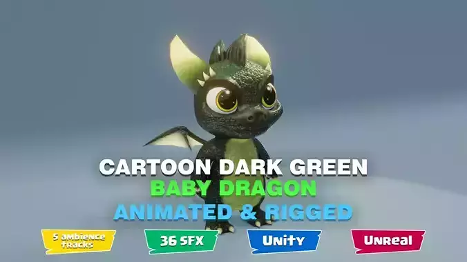 Dark Green Baby Dragon 3D Character Audio Unity Unreal Ready Low-poly 3D model