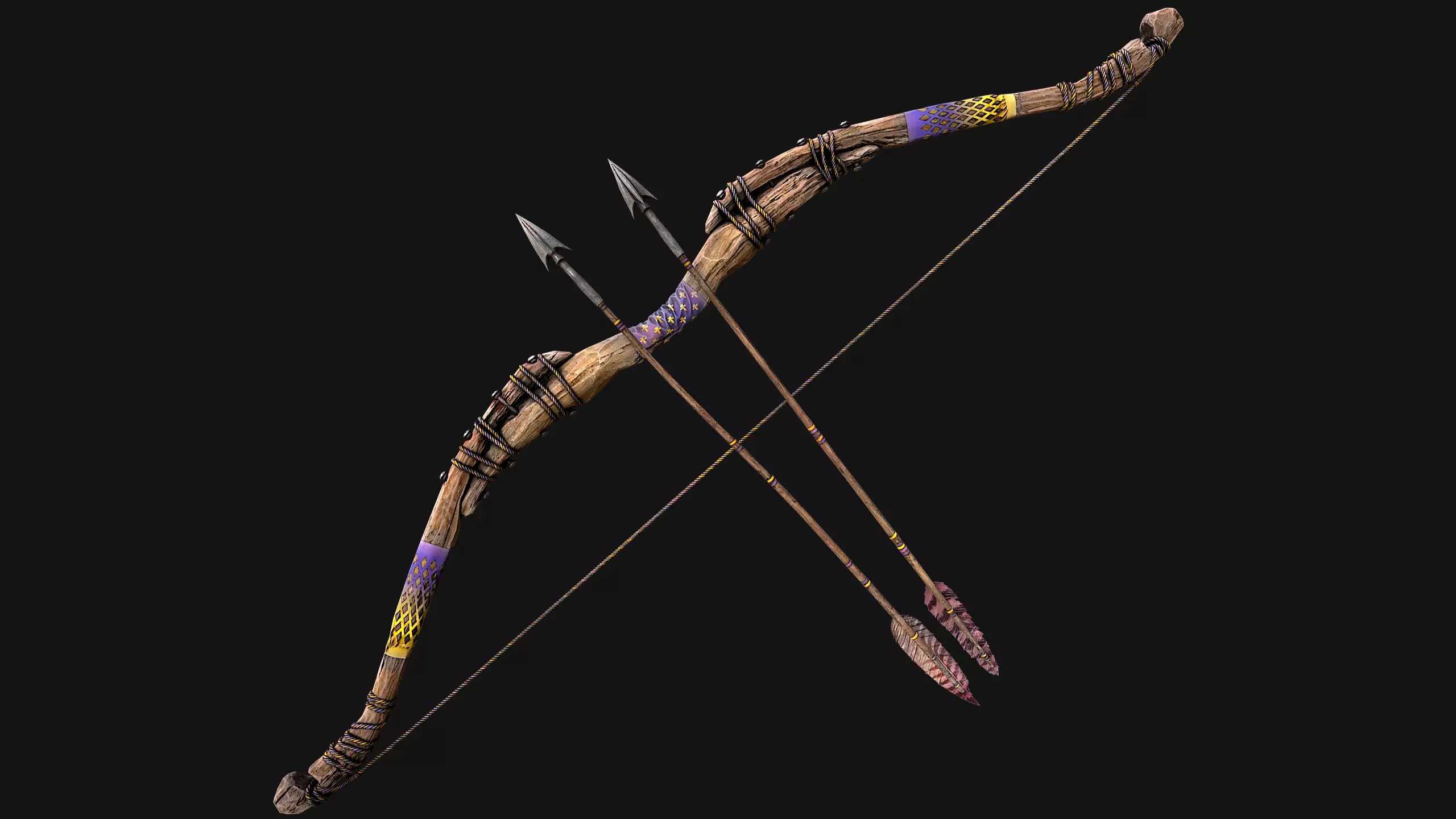 Wooden Bow and Quiver Arrows Fair Medieval Low-poly 3D model_20