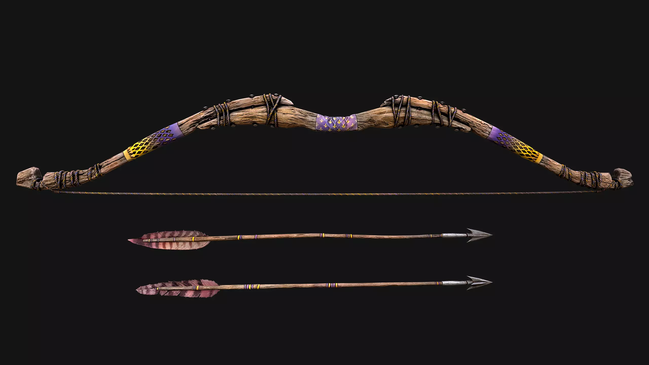 Wooden Bow and Quiver Arrows Fair Medieval Low-poly 3D model_30