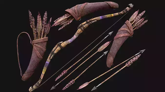 Wooden Bow and Quiver Arrows Fair Medieval