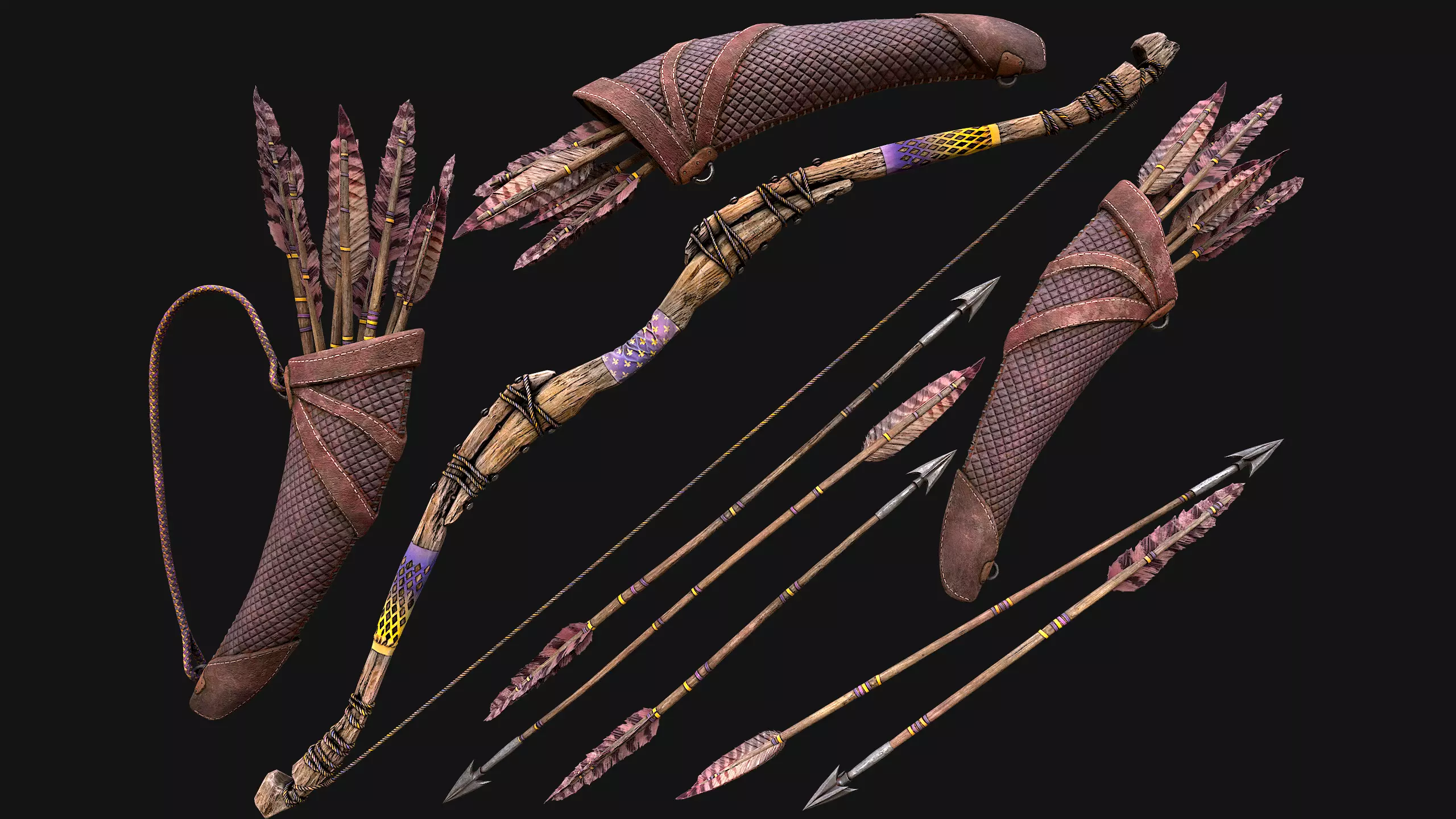 Wooden Bow and Quiver Arrows Fair Medieval Low-poly 3D model_0