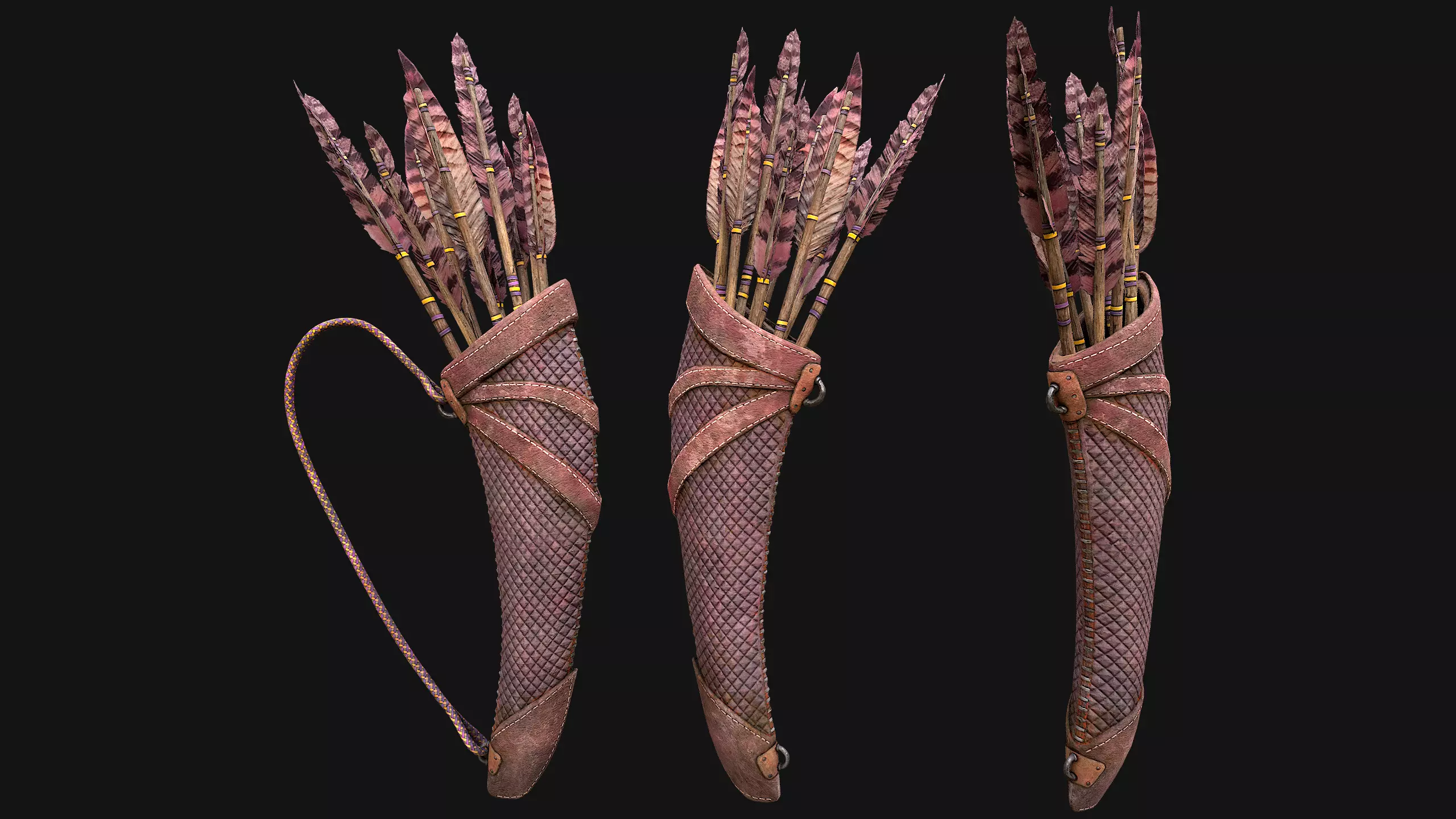 Wooden Bow and Quiver Arrows Fair Medieval Low-poly 3D model_14