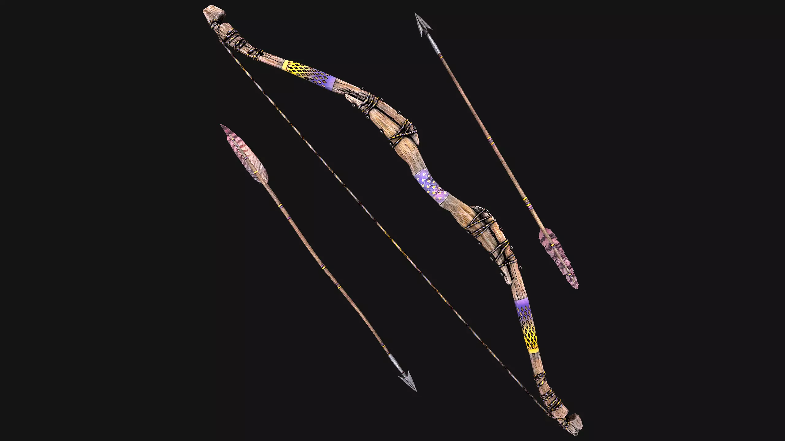 Wooden Bow and Quiver Arrows Fair Medieval Low-poly 3D model_28
