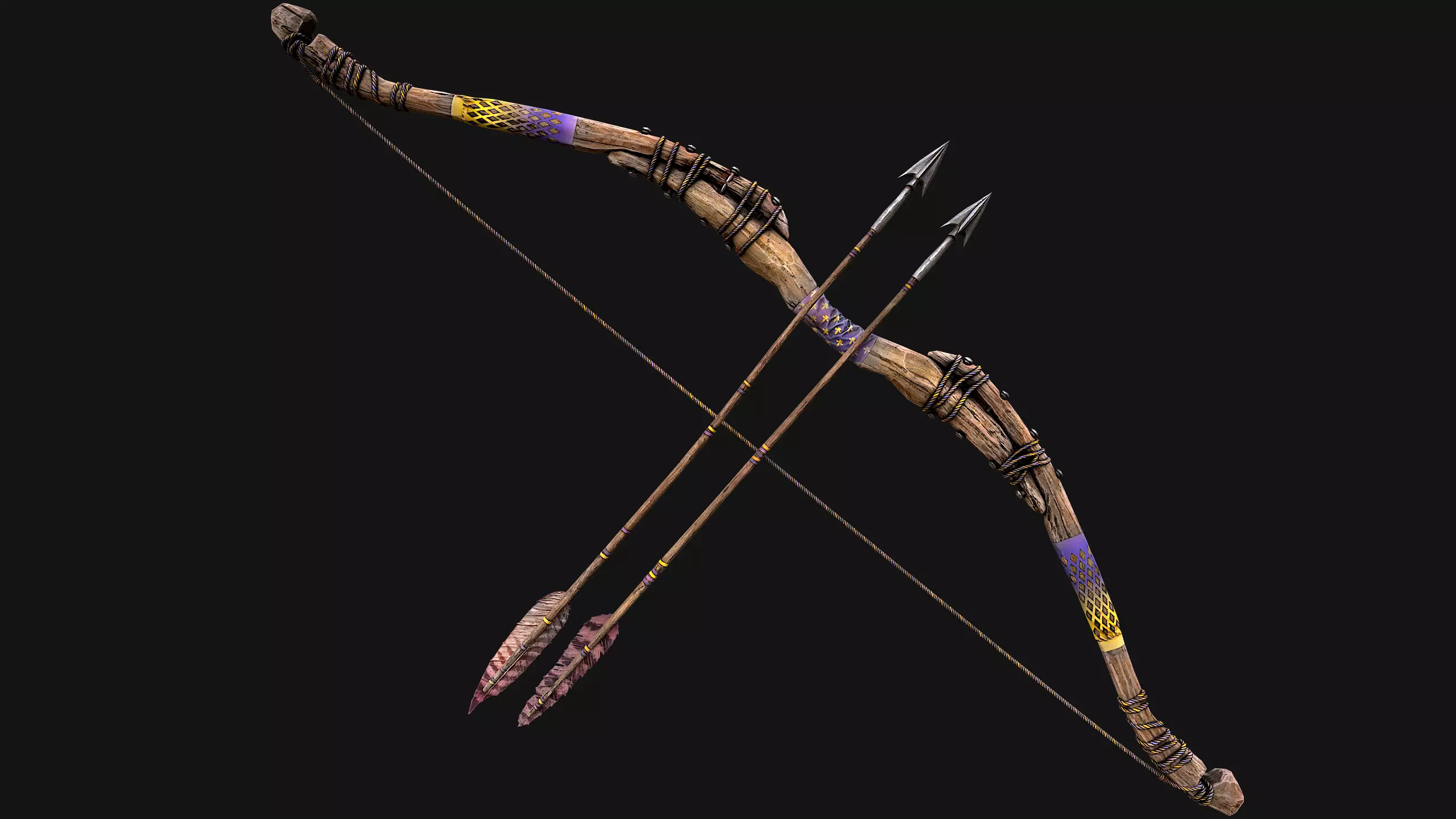 Wooden Bow and Quiver Arrows Fair Medieval Low-poly 3D model_22