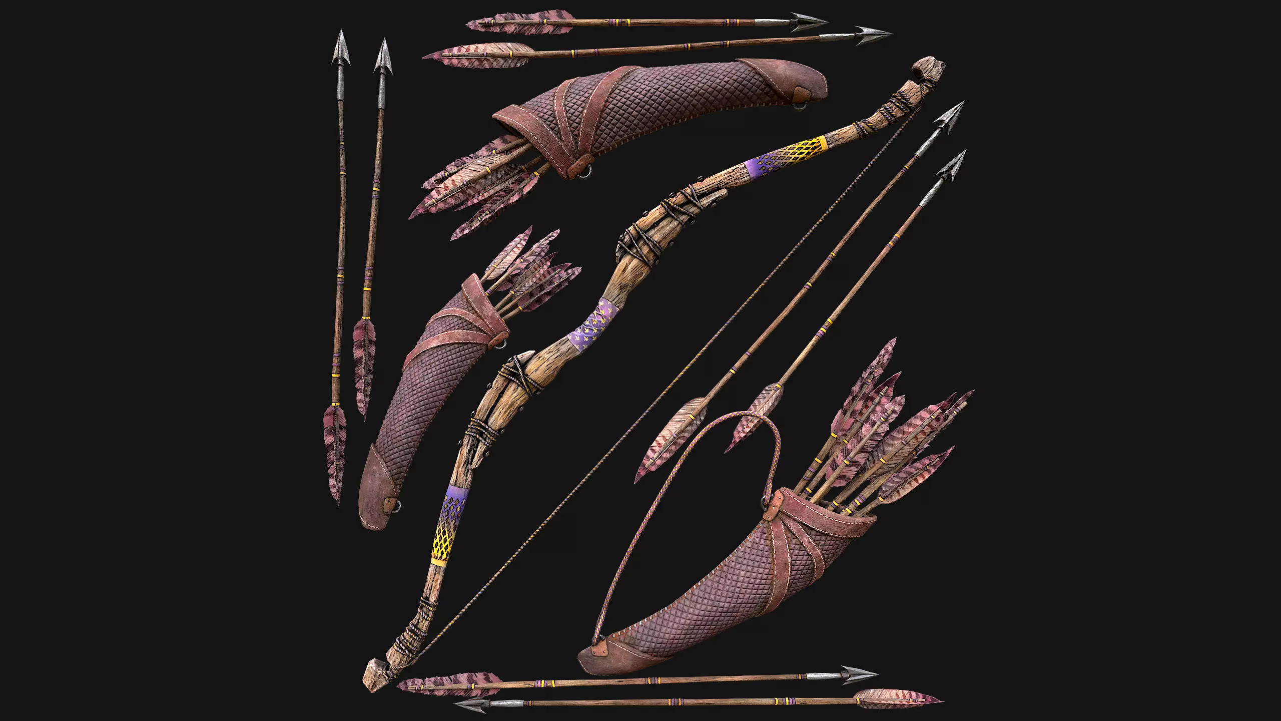 Wooden Bow and Quiver Arrows Fair Medieval Low-poly 3D model_3