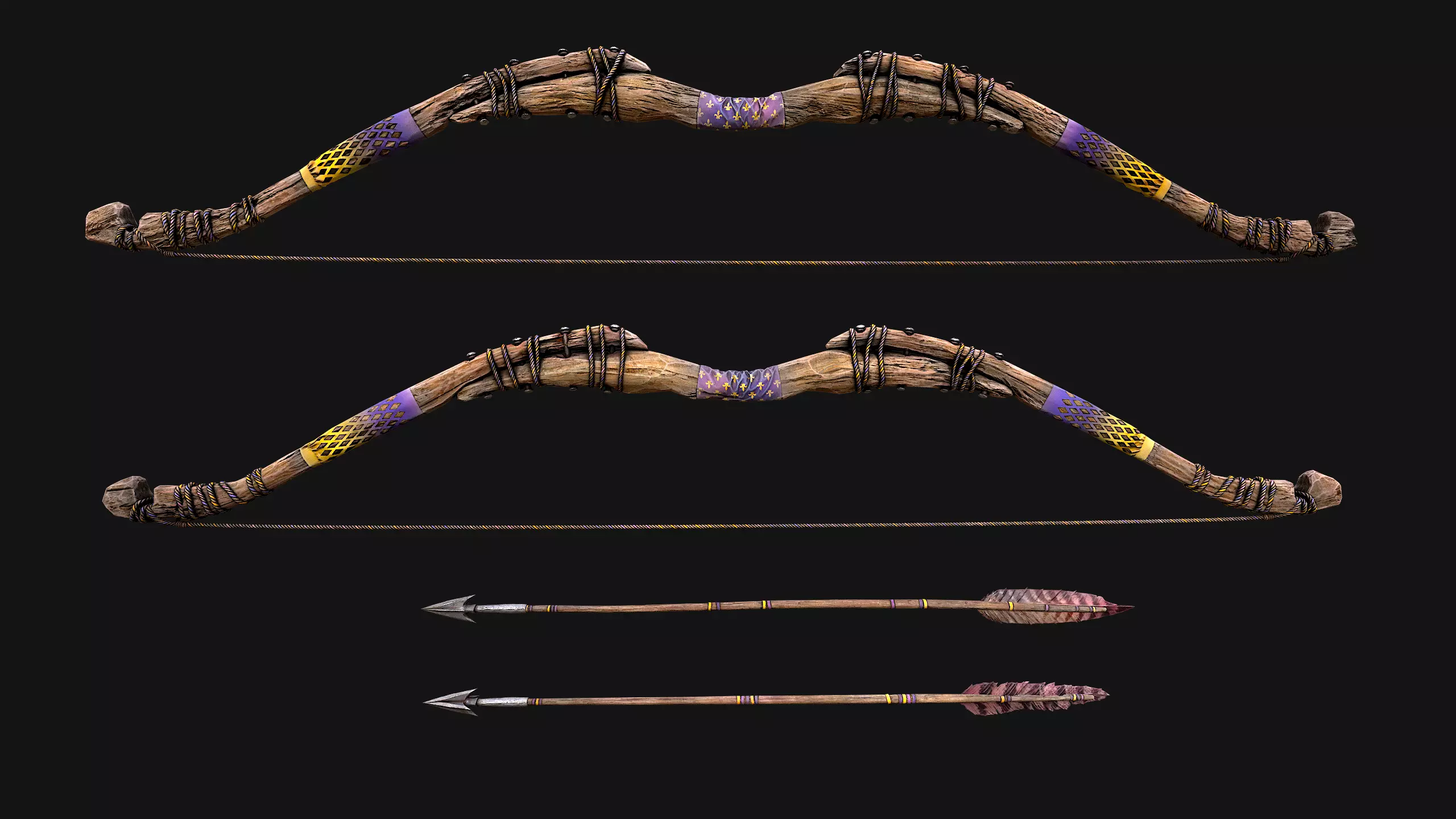 Wooden Bow and Quiver Arrows Fair Medieval Low-poly 3D model_31