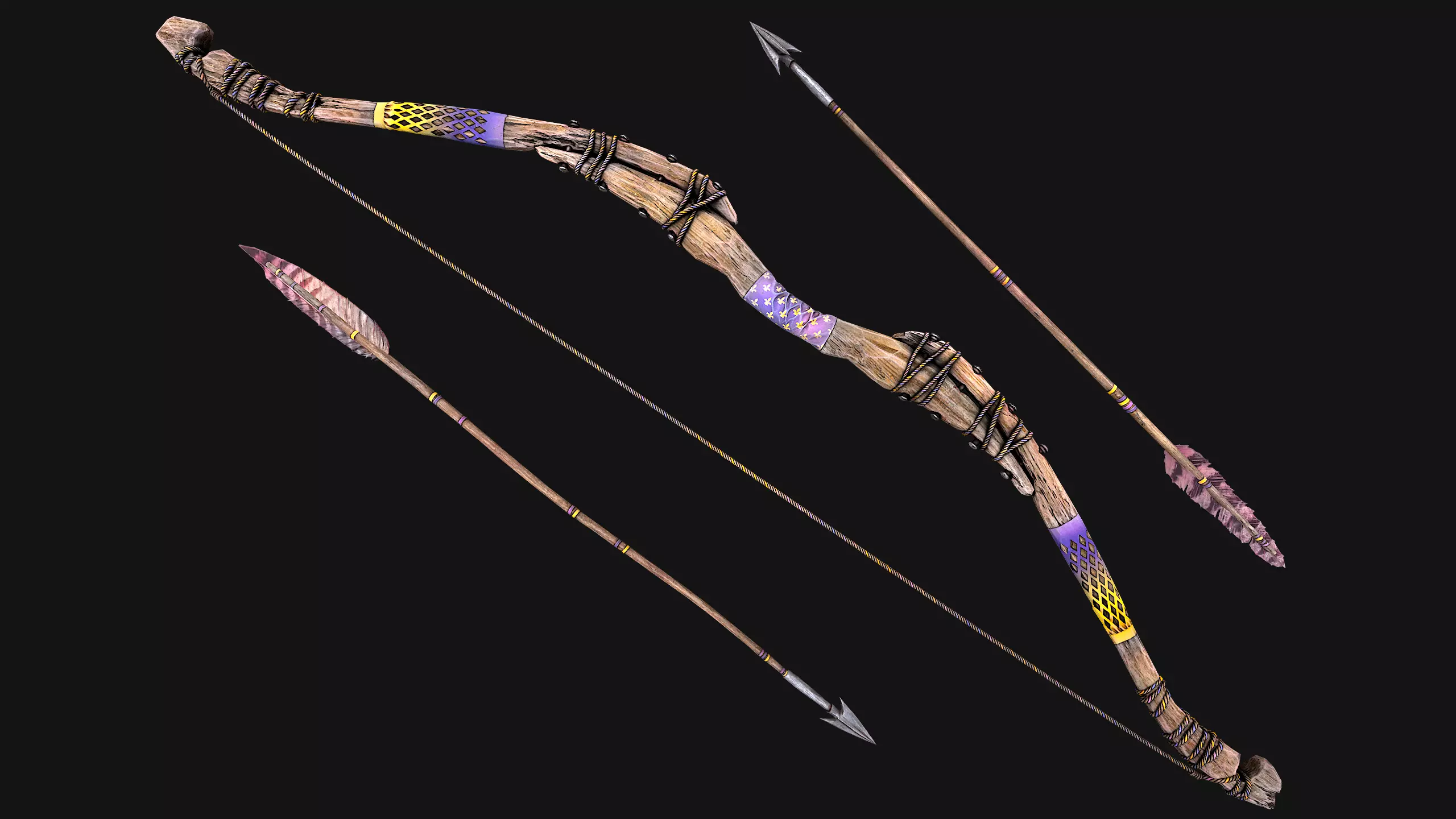 Wooden Bow and Quiver Arrows Fair Medieval Low-poly 3D model_32