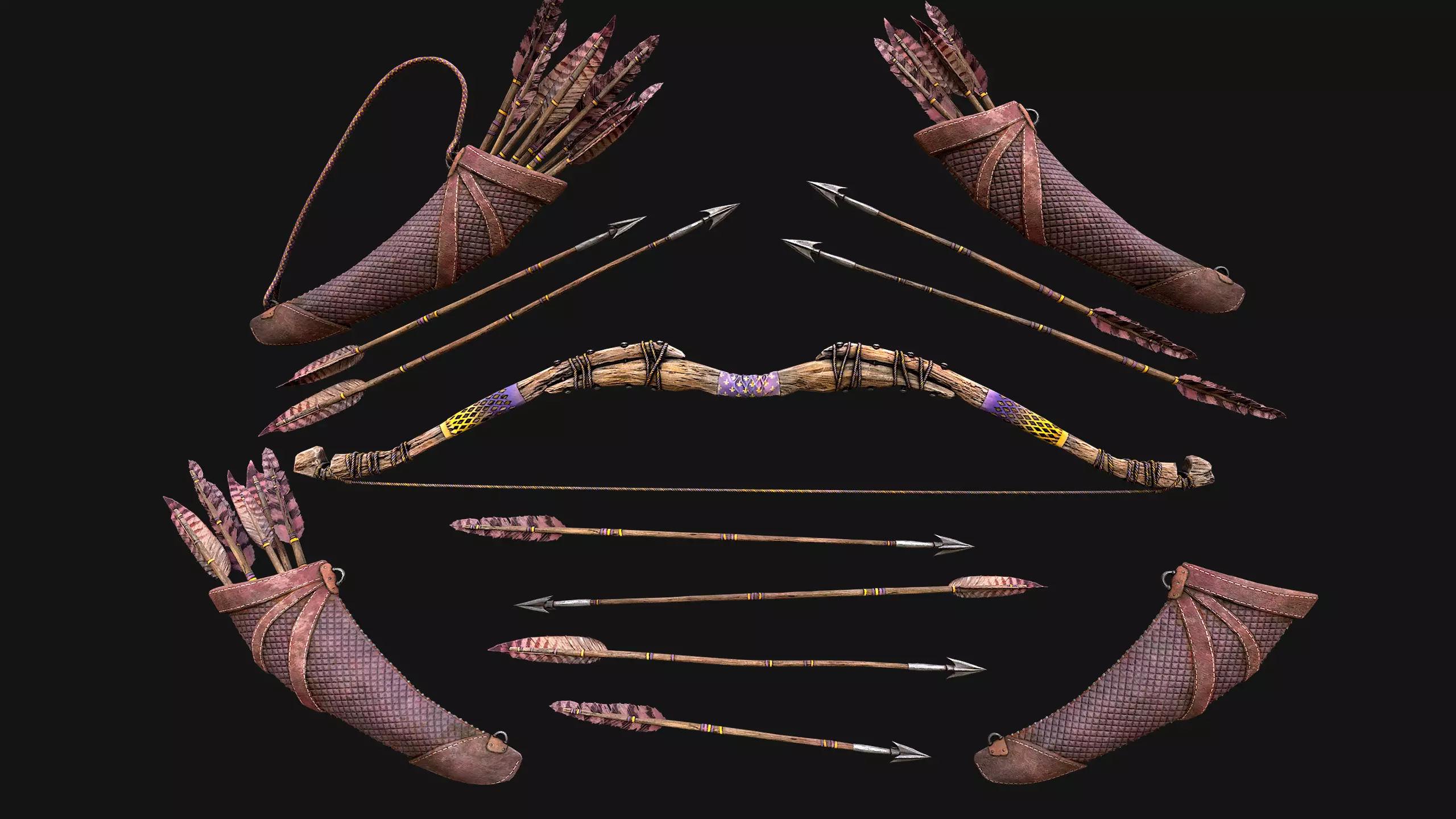 Wooden Bow and Quiver Arrows Fair Medieval Low-poly 3D model_2