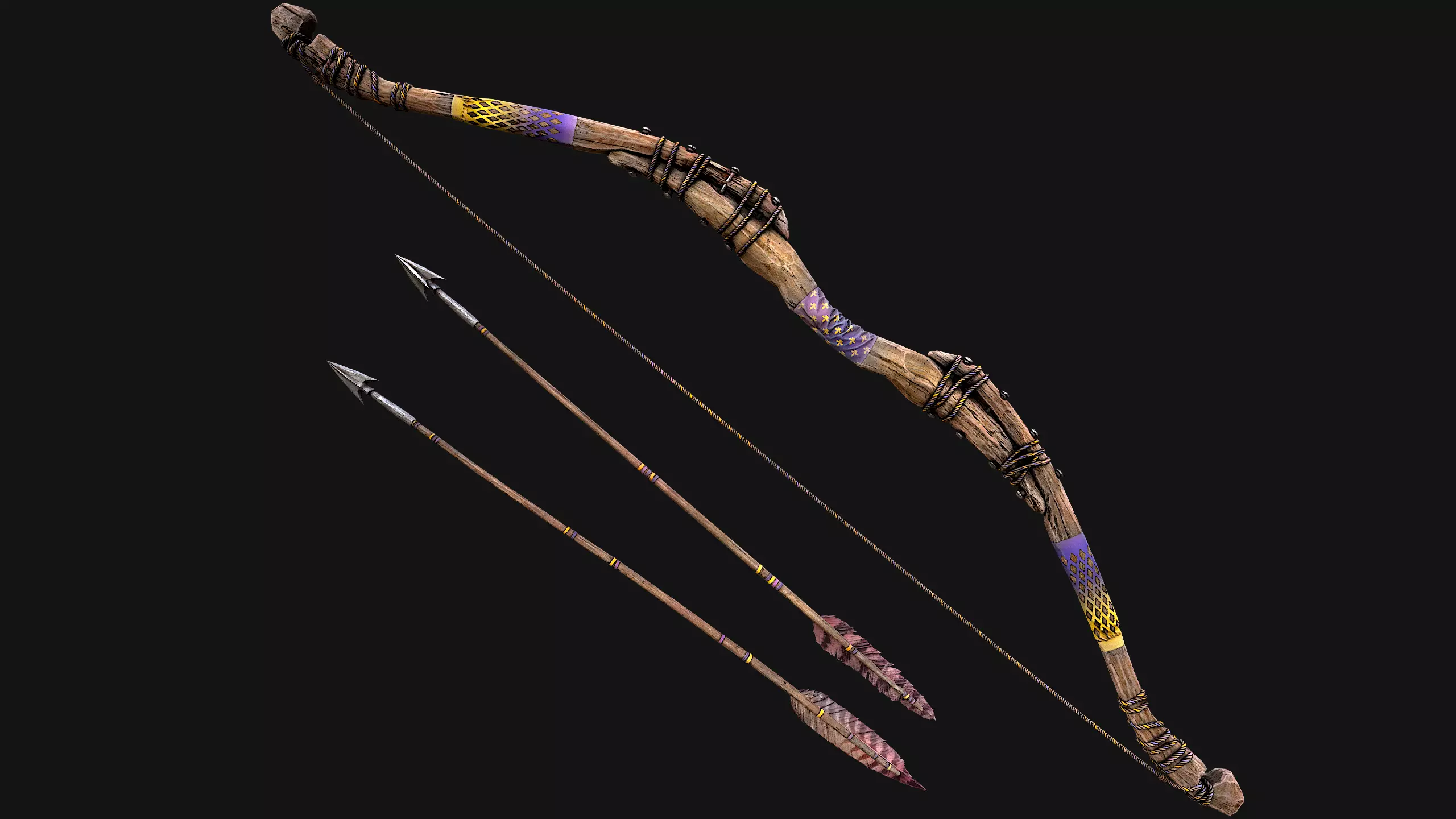 Wooden Bow and Quiver Arrows Fair Medieval Low-poly 3D model_23