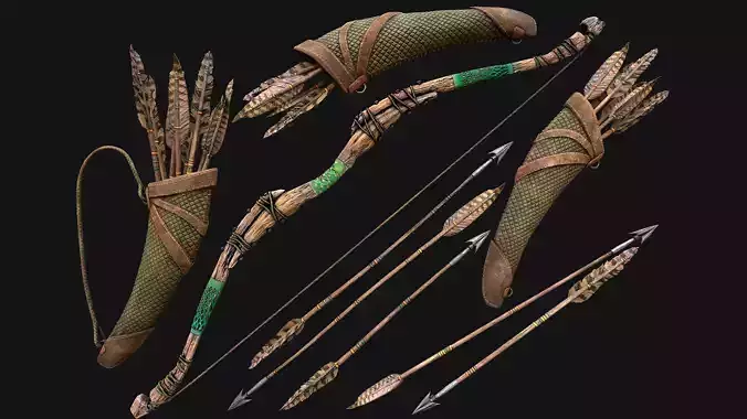 Wooden Bow and Quiver Ranger Set Medieval  Low-poly 3D model