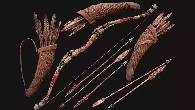Wooden Bow and Quiver Medieval Archer Weapons Low-poly 3D model