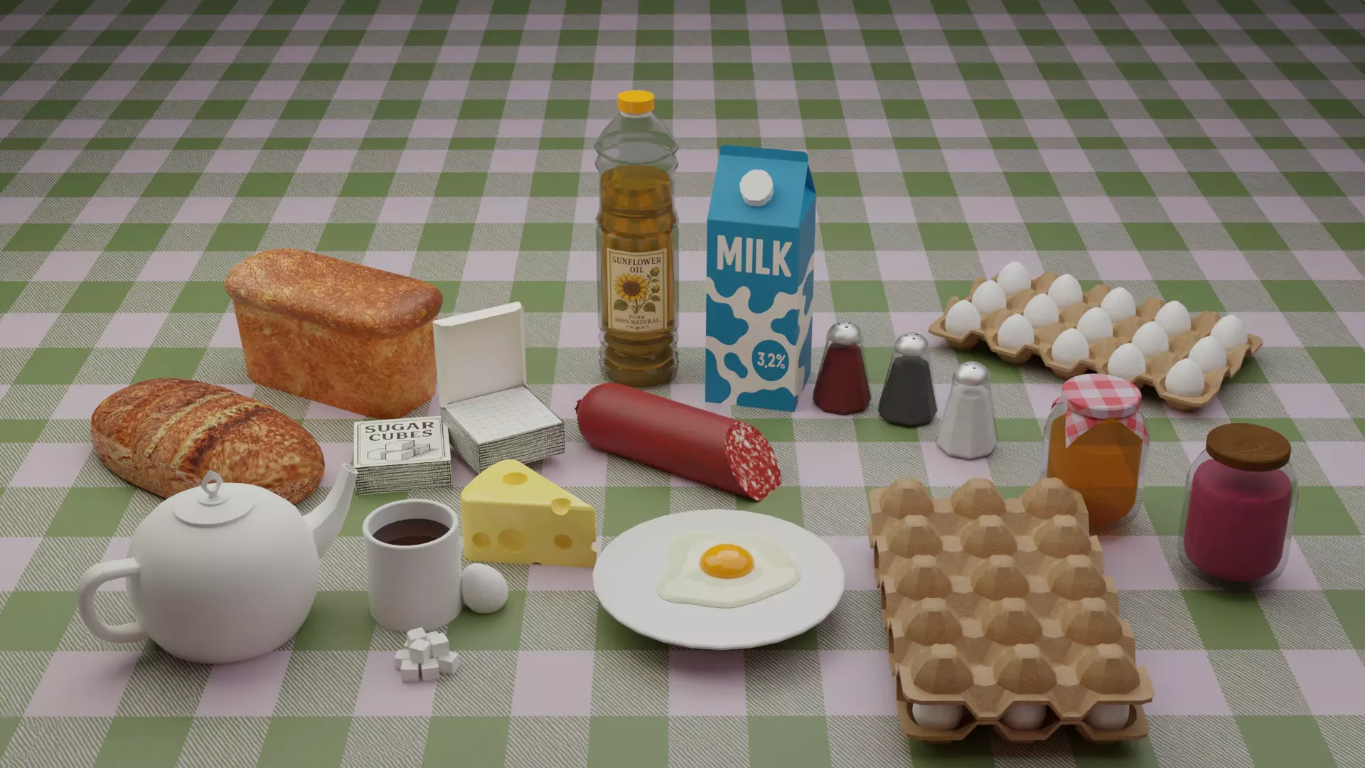 Breackfast table low poly food pack 18 parts Low-poly 3D model_0