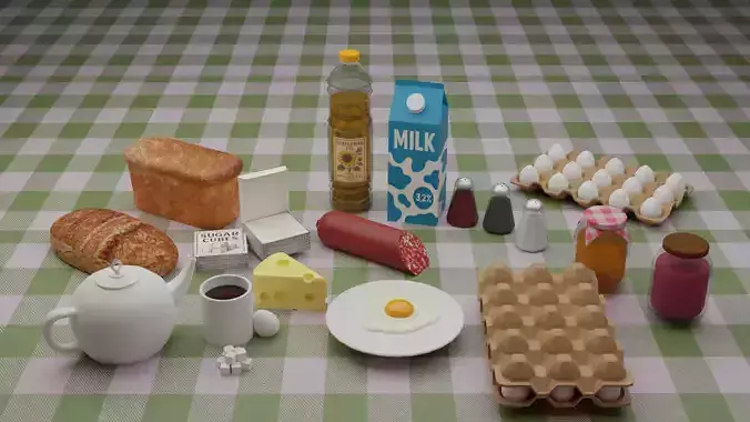 Breackfast table  low poly food pack 18 parts