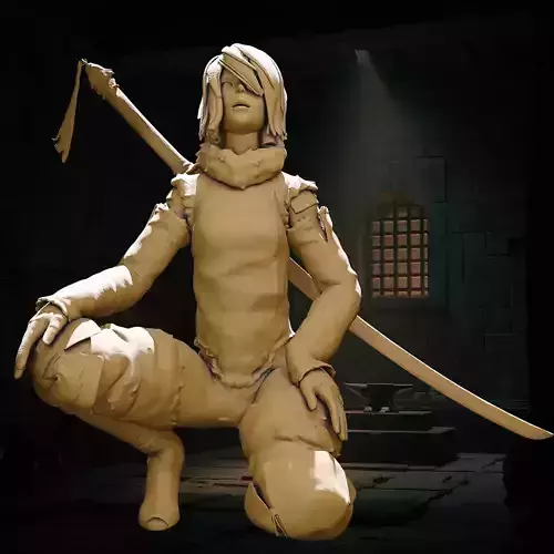 Kneeling Fantasy Warrior Girl with Sword