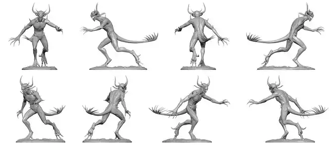 Monster with horns and tail in an attack pose for 3d printing