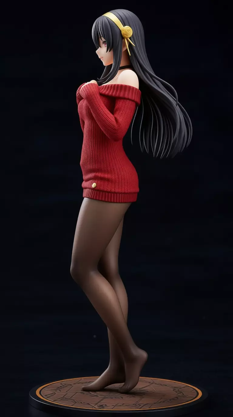 Anime Girl Figure 3D Red Sweater Character Long Black Hair Low-poly 3D model_10