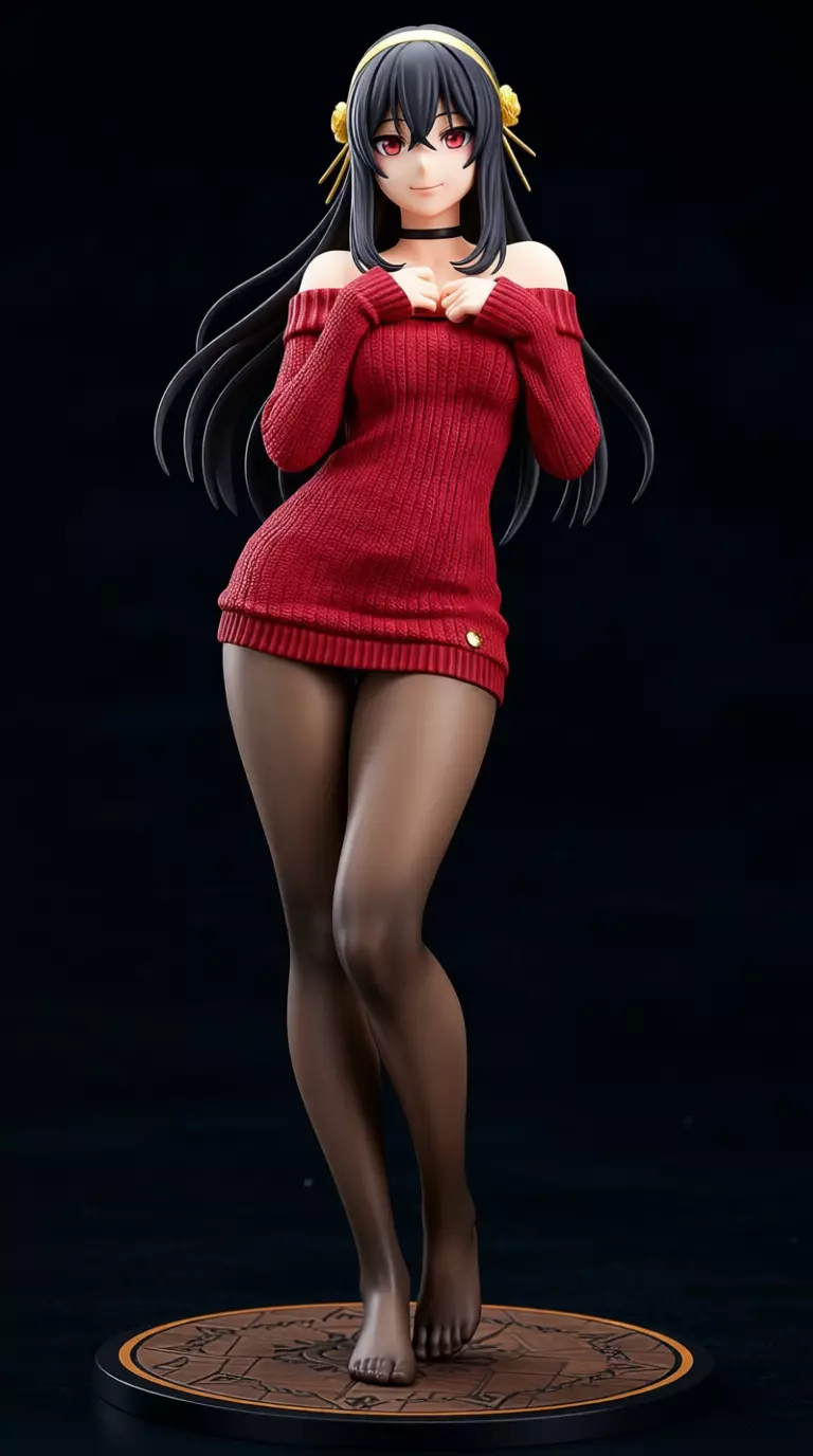 Anime Girl Figure 3D Red Sweater Character Long Black Hair Low-poly 3D model_6