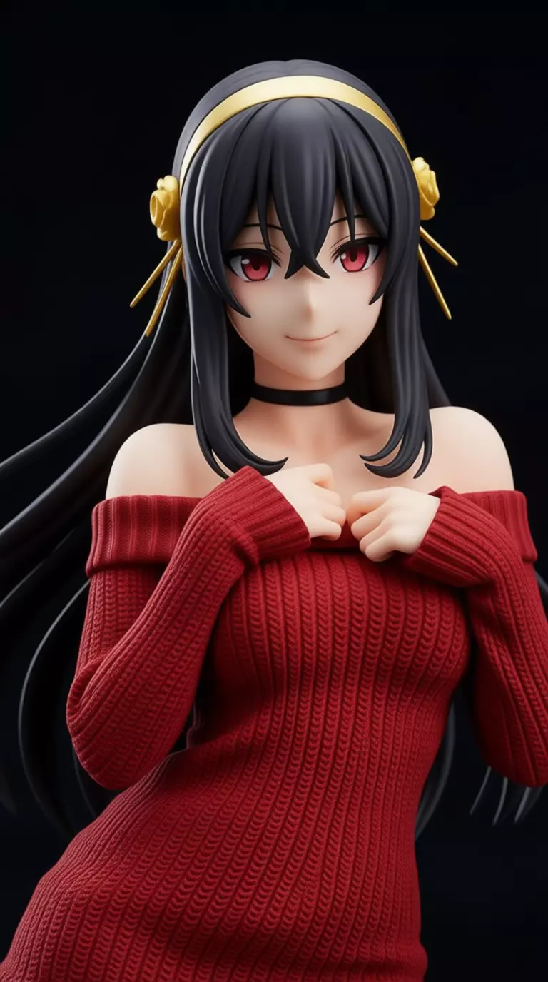 Anime Girl Figure 3D Red Sweater Character Long Black Hair Low-poly 3D model_4