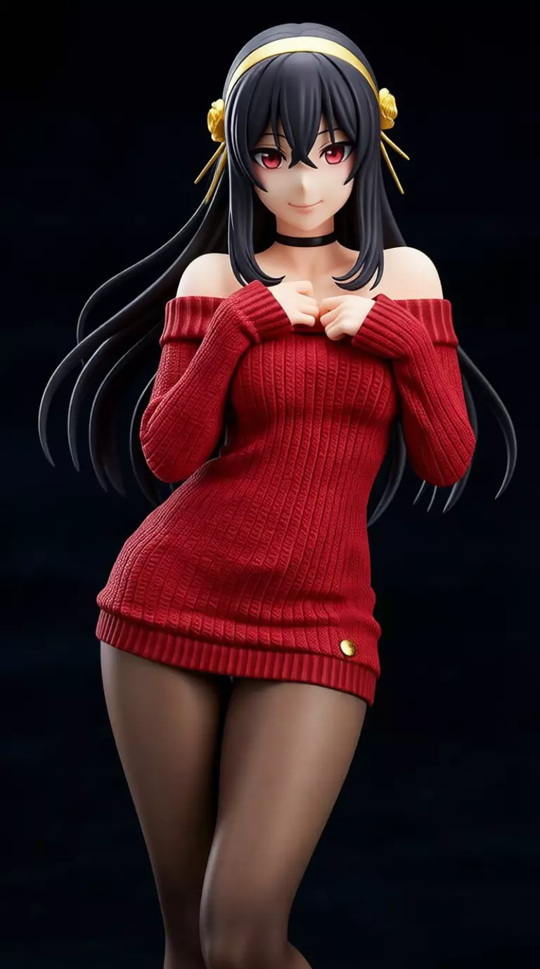 Anime Girl Figure 3D Red Sweater Character Long Black Hair Low-poly 3D model_8