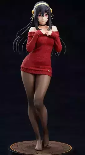 Anime Girl Figure 3D Red Sweater Character Long Black Hair Low-poly 3D model