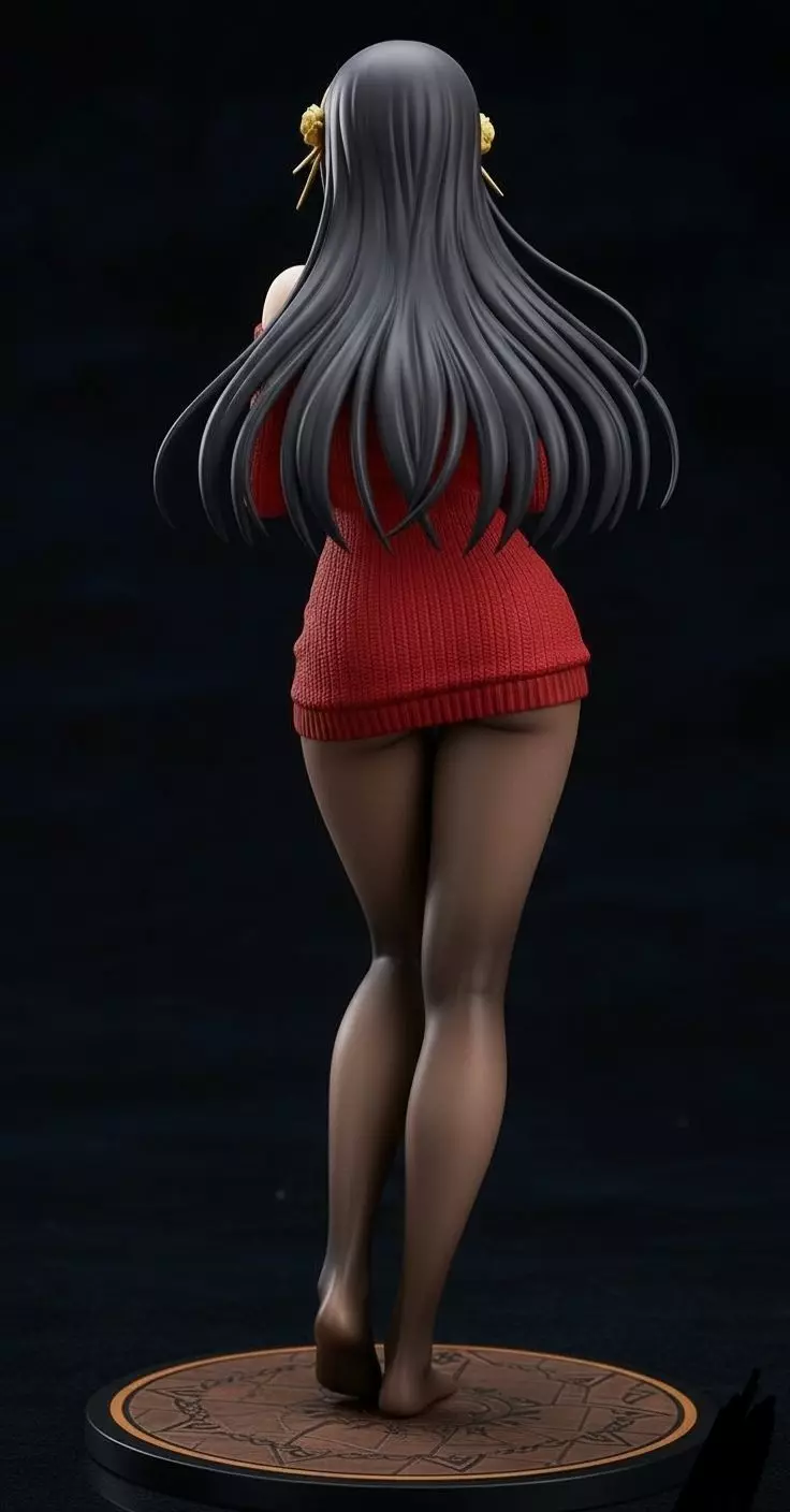 Anime Girl Figure 3D Red Sweater Character Long Black Hair Low-poly 3D model_3