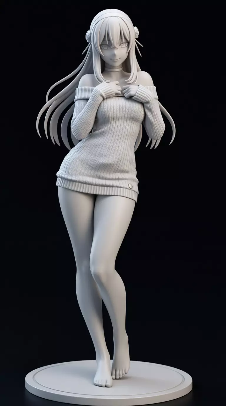 Anime Girl Figure 3D Red Sweater Character Long Black Hair Low-poly 3D model_7