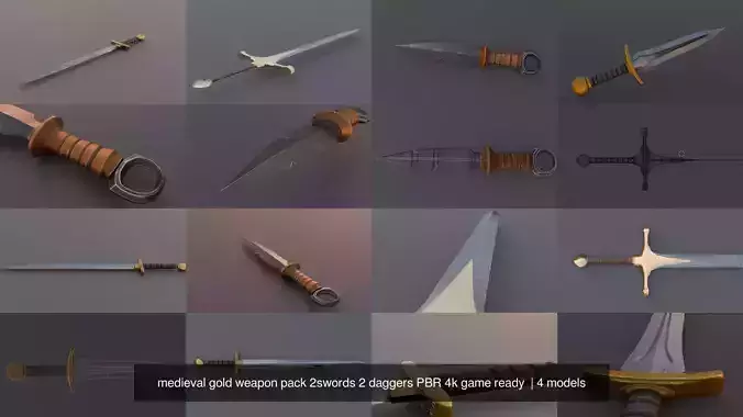 medieval gold weapon pack 2swords 2 daggers PBR 4k game ready 