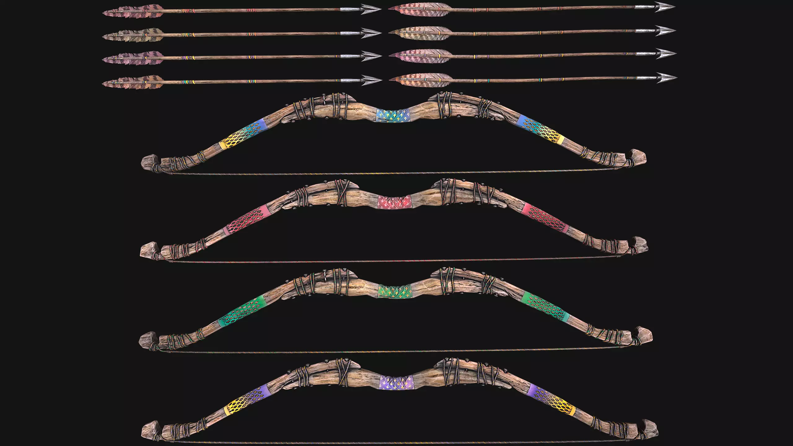 Bow Arrow Quiver Medieval Weapon Set Low-poly 3D model_17