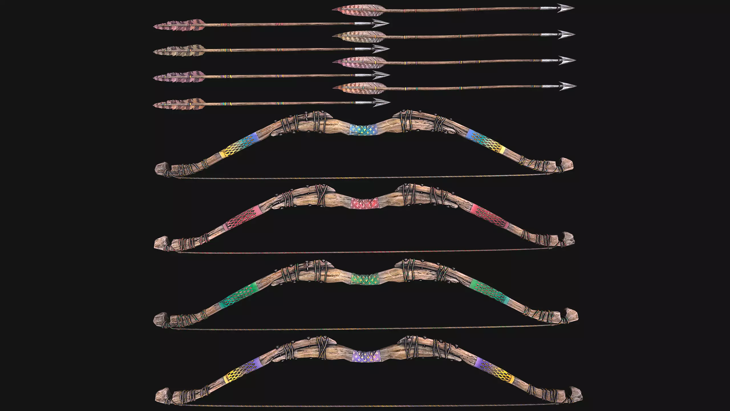 Bow Arrow Quiver Medieval Weapon Set Low-poly 3D model_18