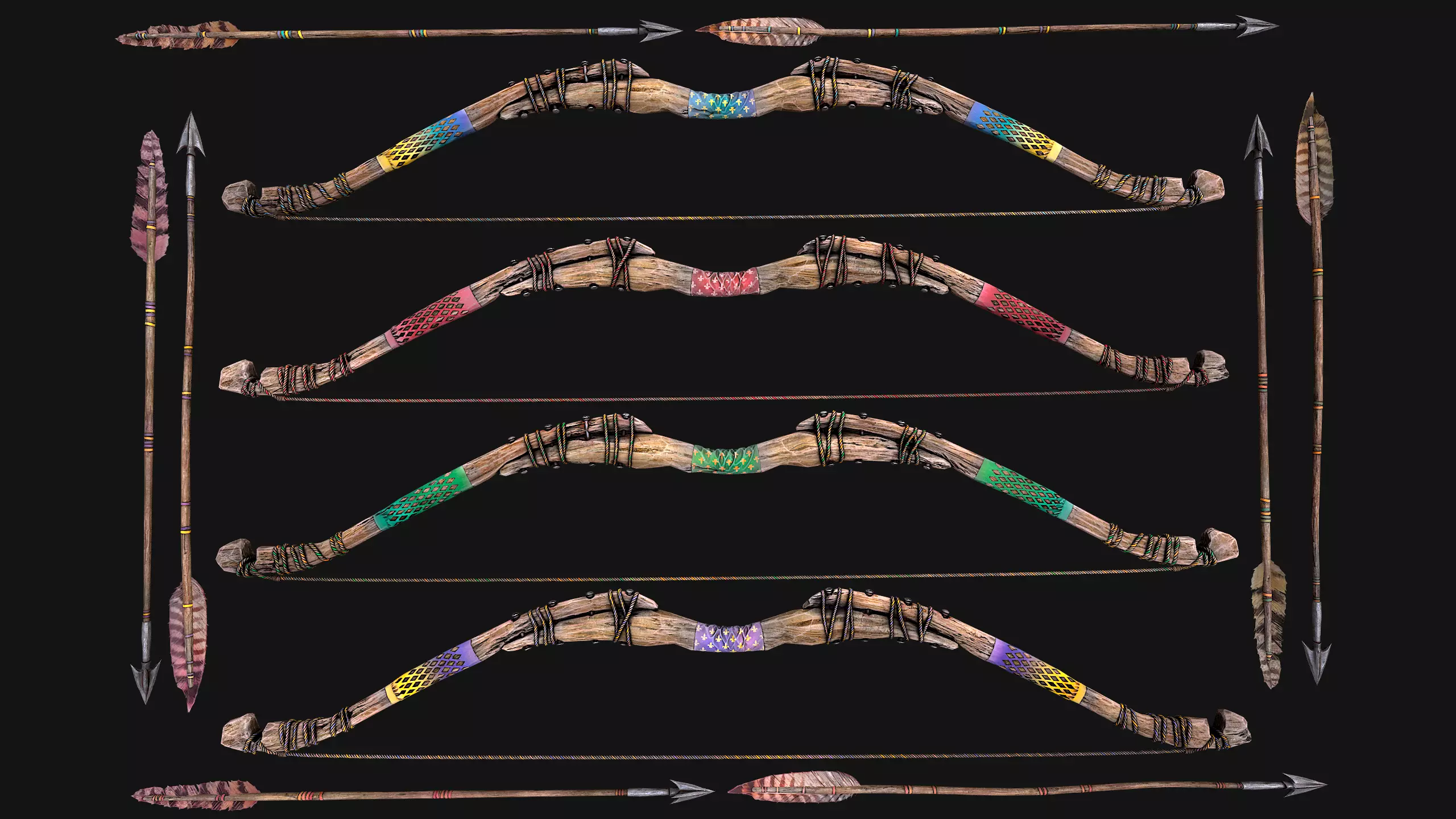 Bow Arrow Quiver Medieval Weapon Set Low-poly 3D model_4