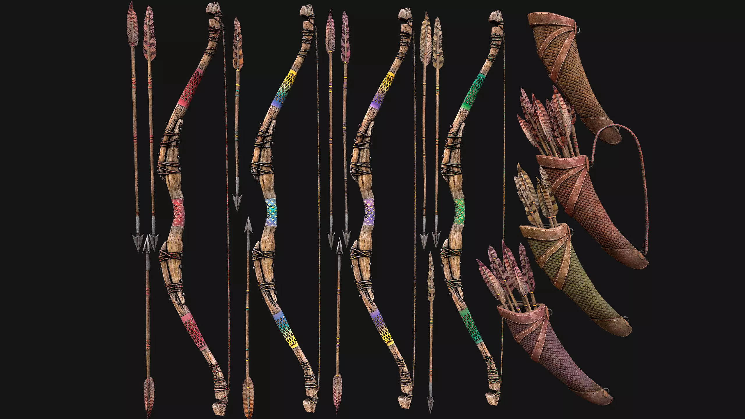 Bow Arrow Quiver Medieval Weapon Set Low-poly 3D model_0