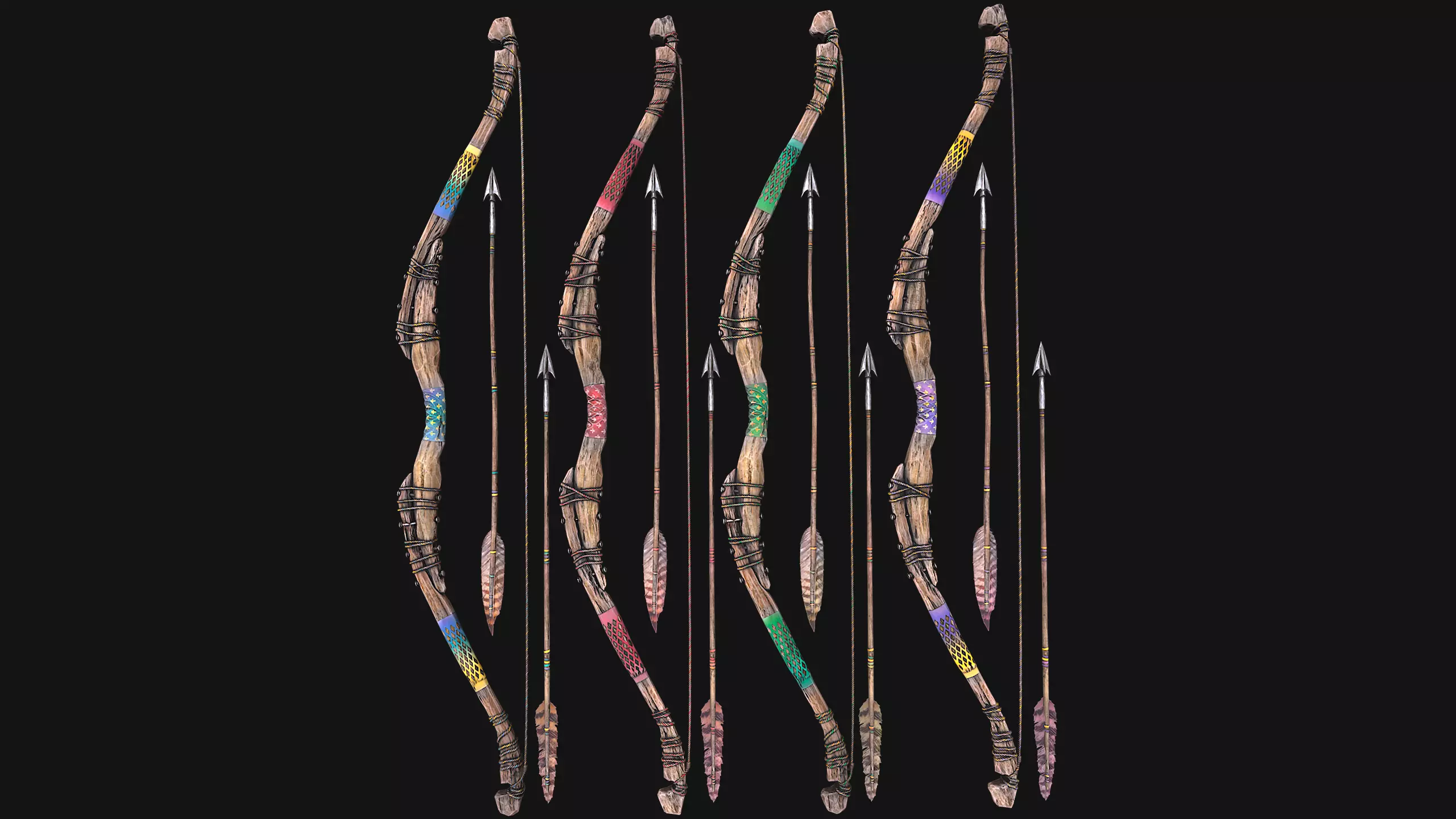 Bow Arrow Quiver Medieval Weapon Set Low-poly 3D model_19