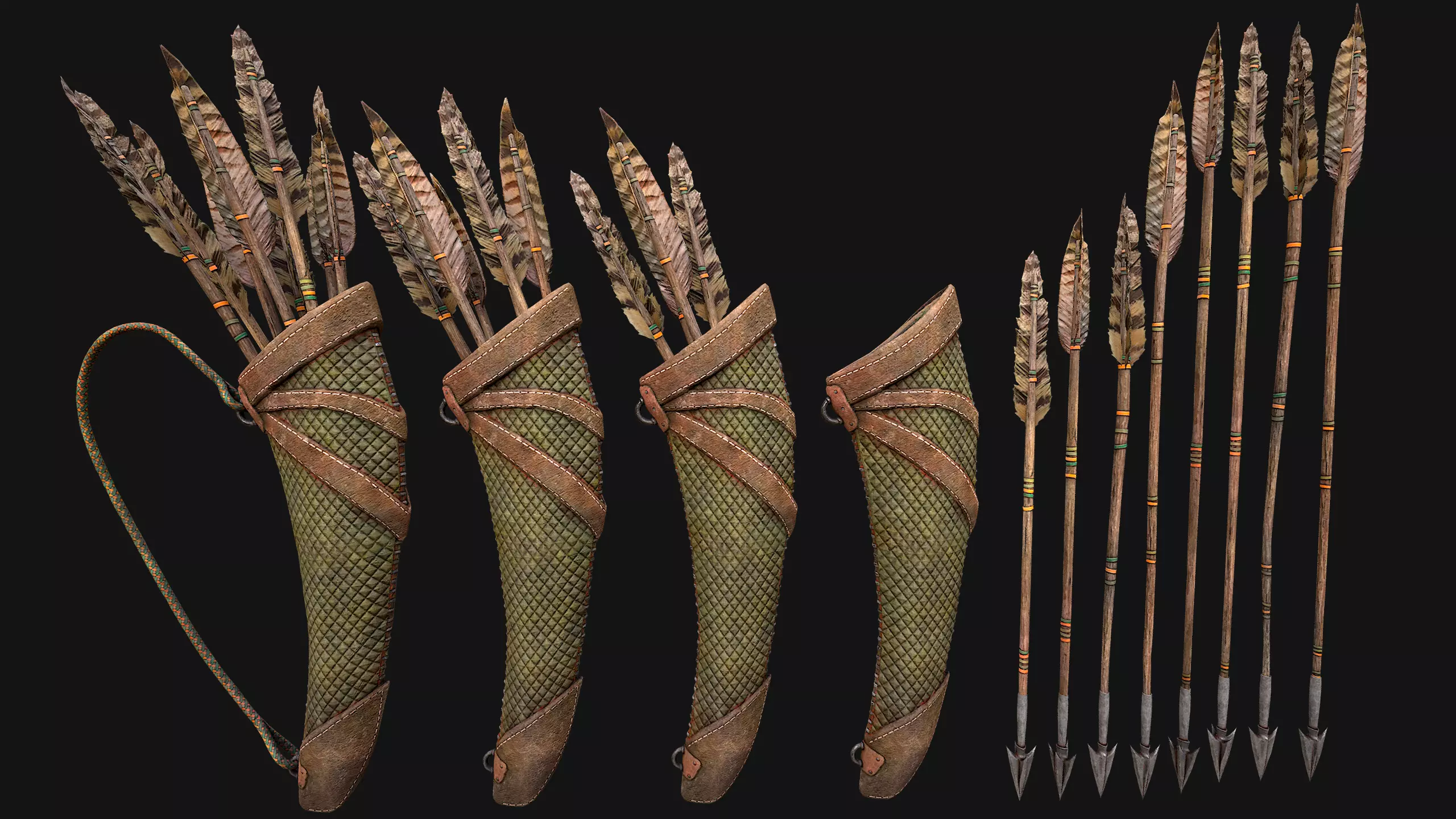 Bow Arrow Quiver Medieval Weapon Set Low-poly 3D model_7
