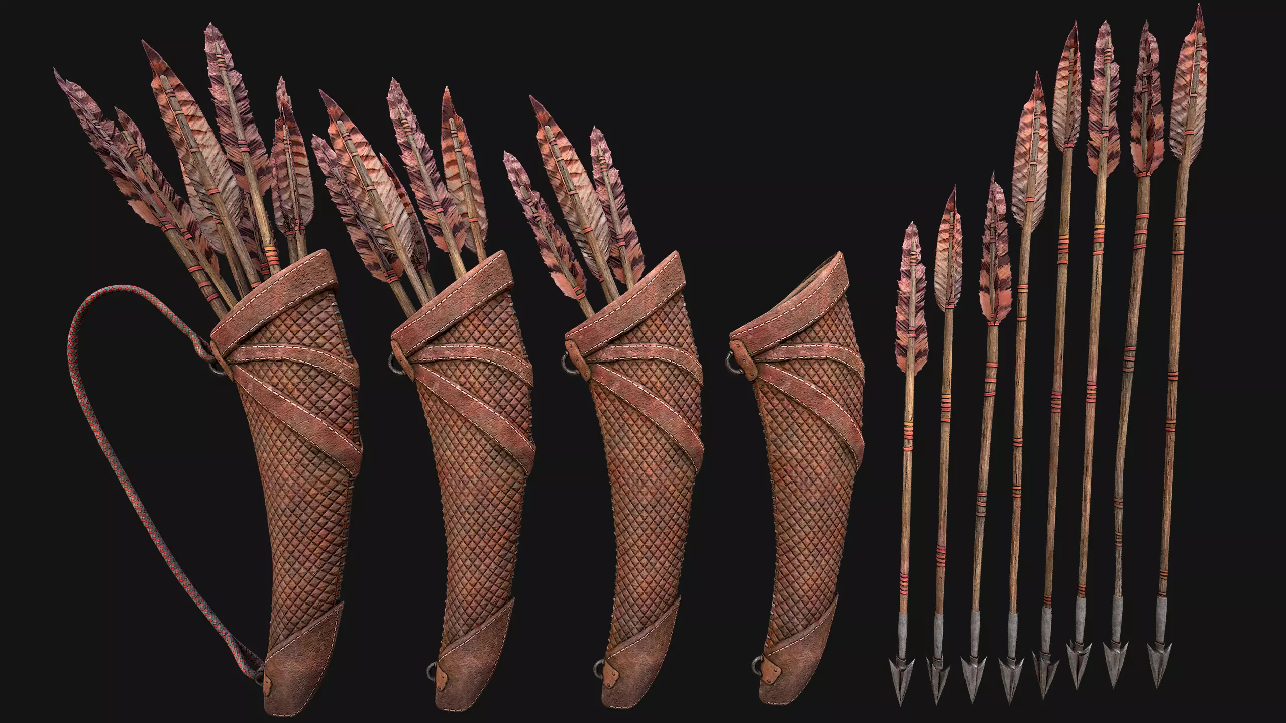 Bow Arrow Quiver Medieval Weapon Set Low-poly 3D model_6