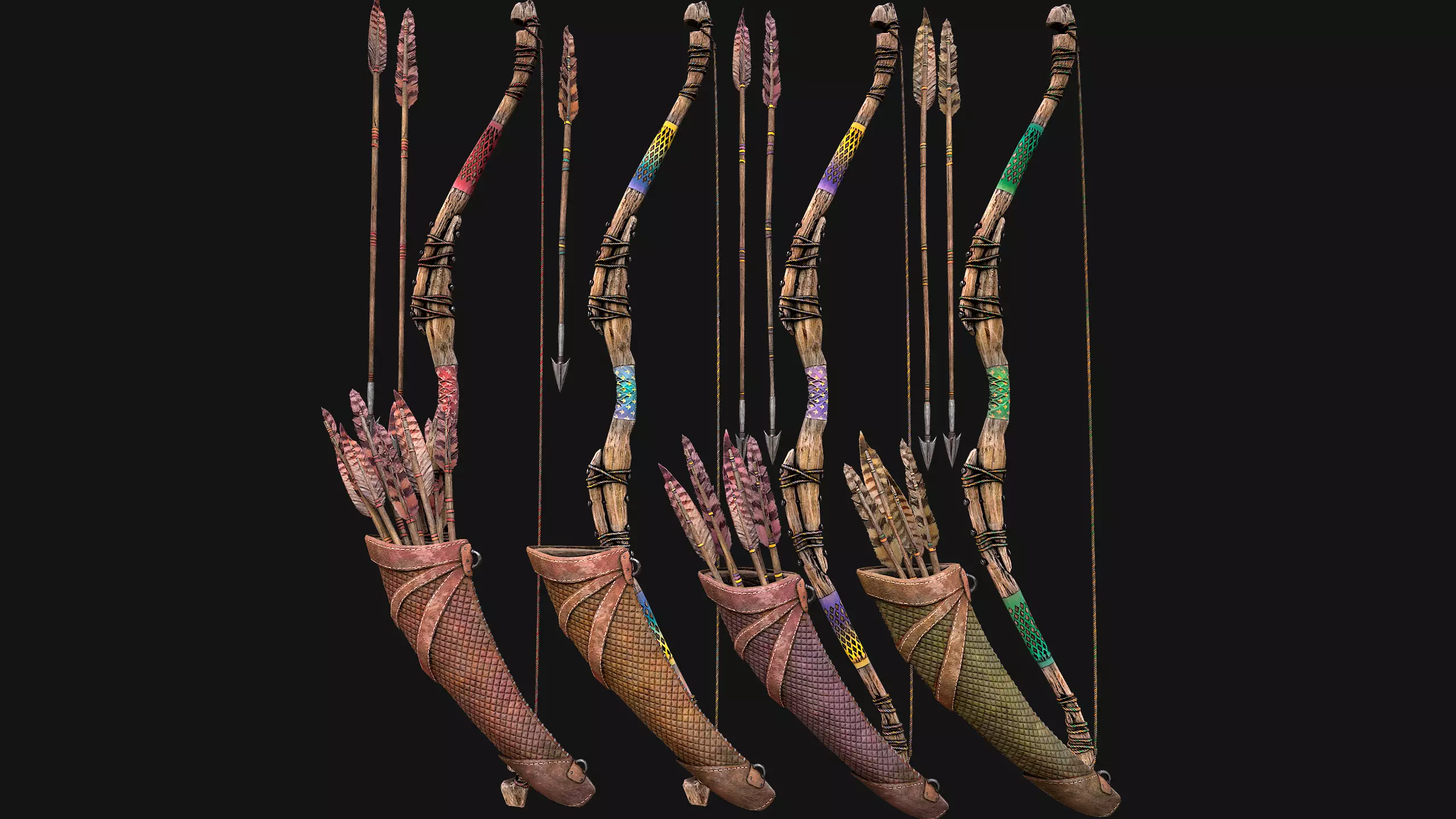 Bow Arrow Quiver Medieval Weapon Set Low-poly 3D model_2
