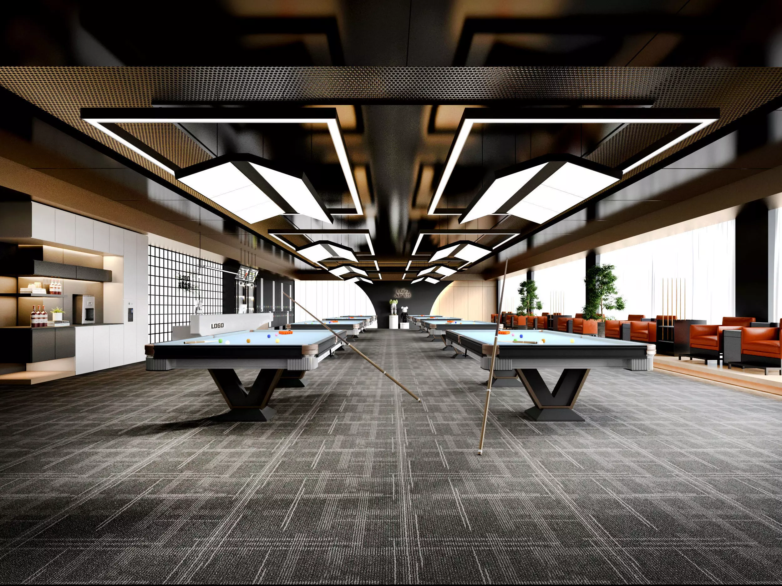 Modern Billiards Hall with Pool Tables Low-poly 3D model_0