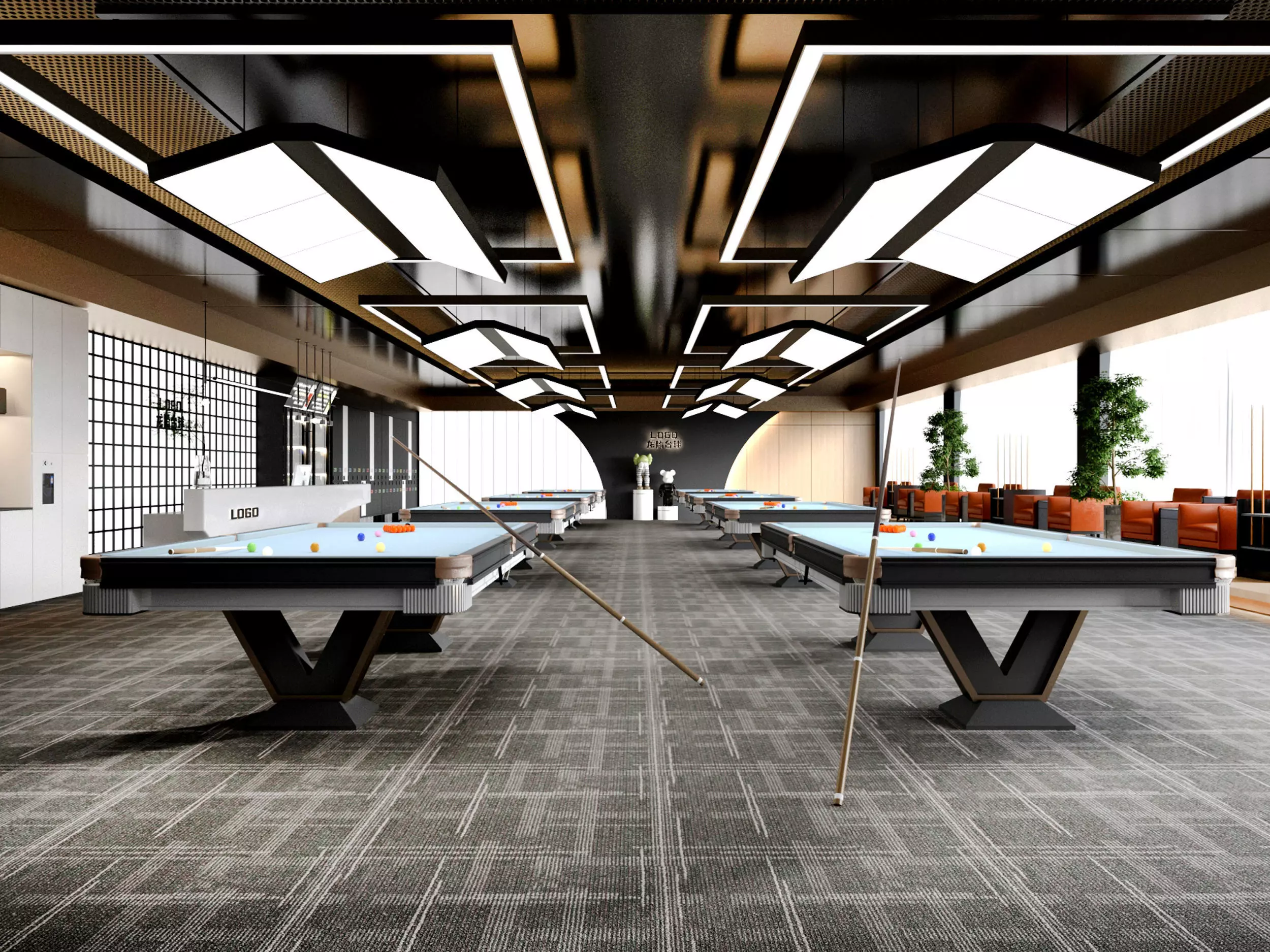 Modern Billiards Hall with Pool Tables Low-poly 3D model_1