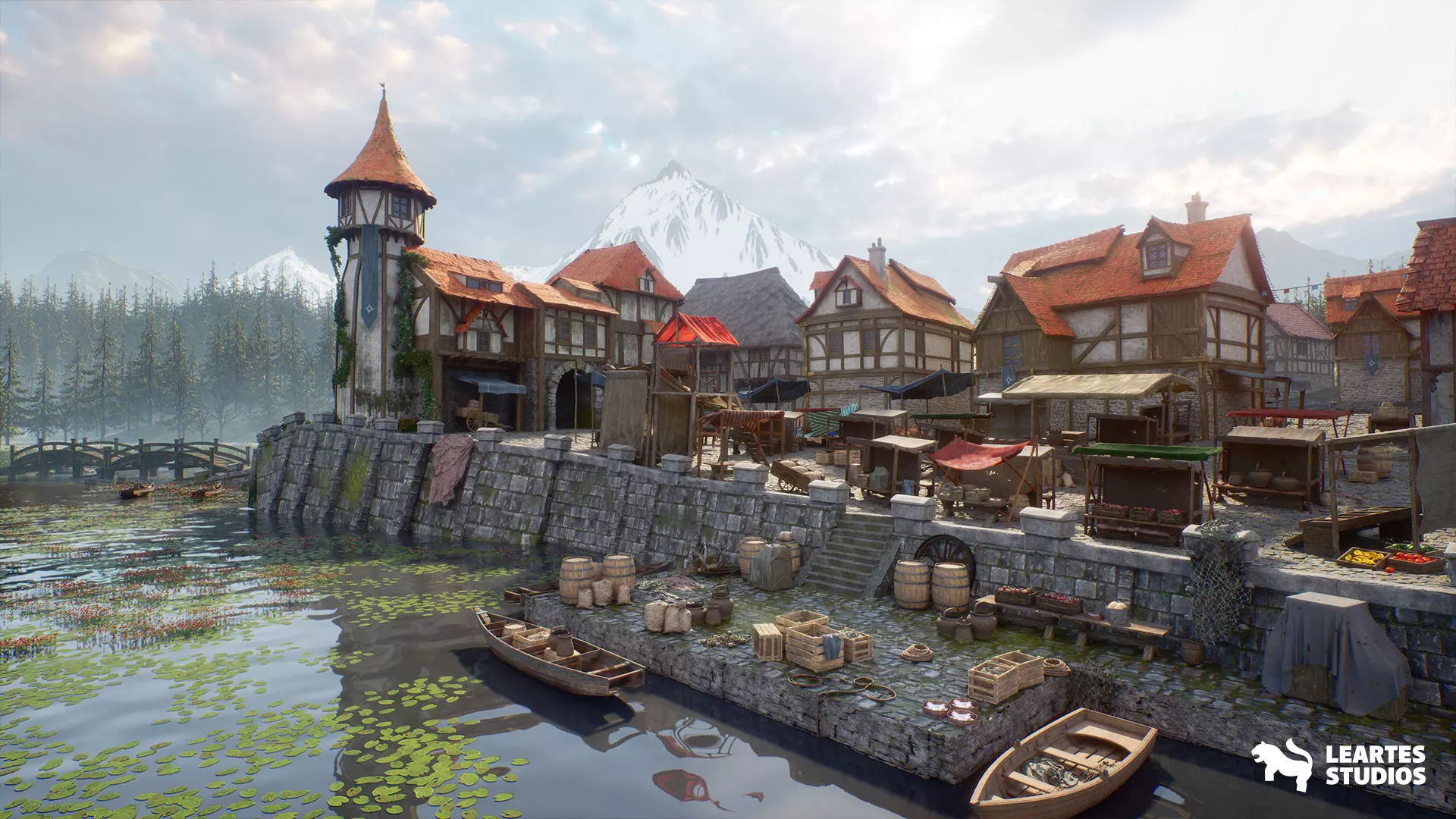 Medieval Lake Town Environment Low-poly 3D model_6