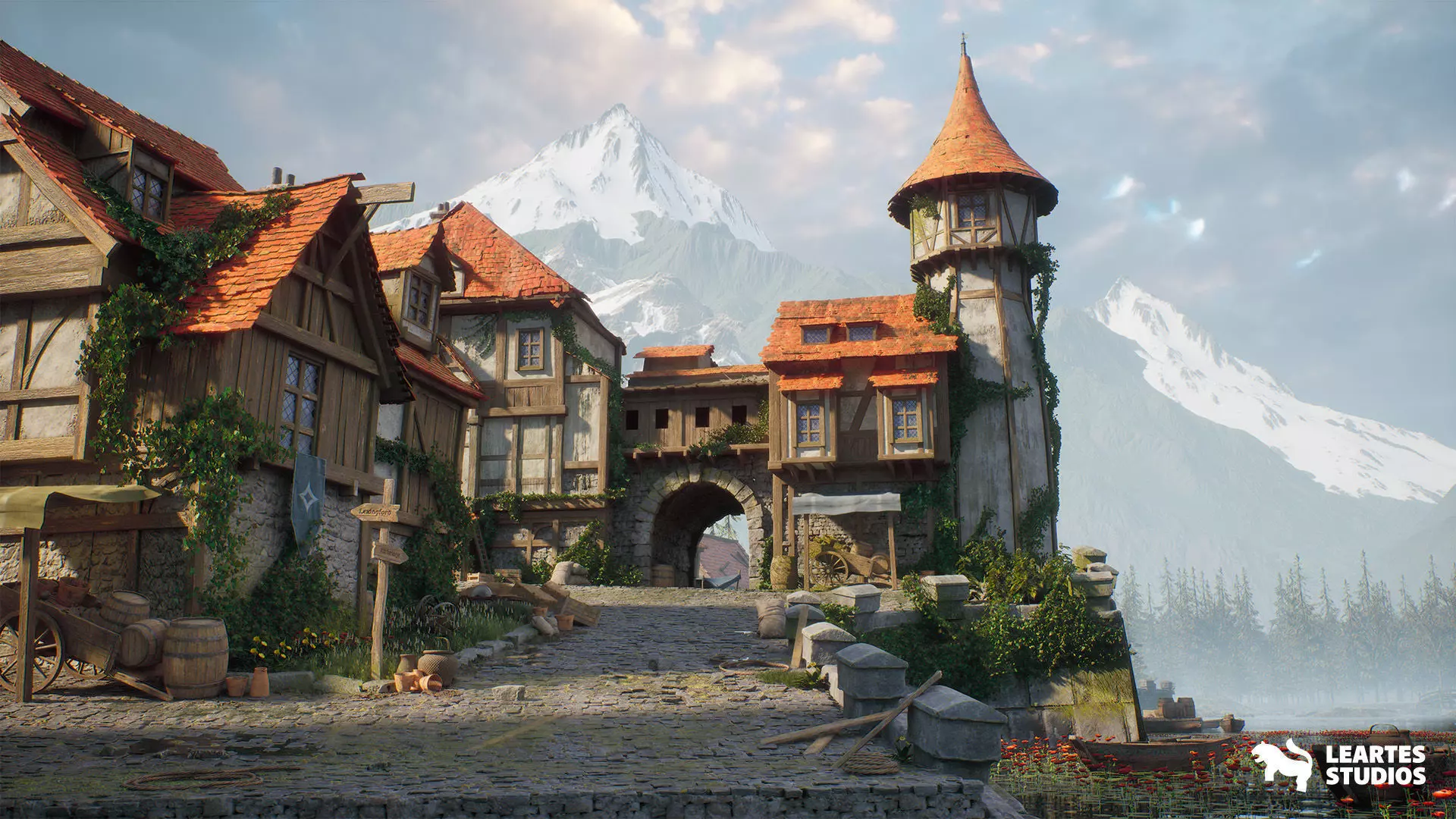 Medieval Lake Town Environment Low-poly 3D model_0