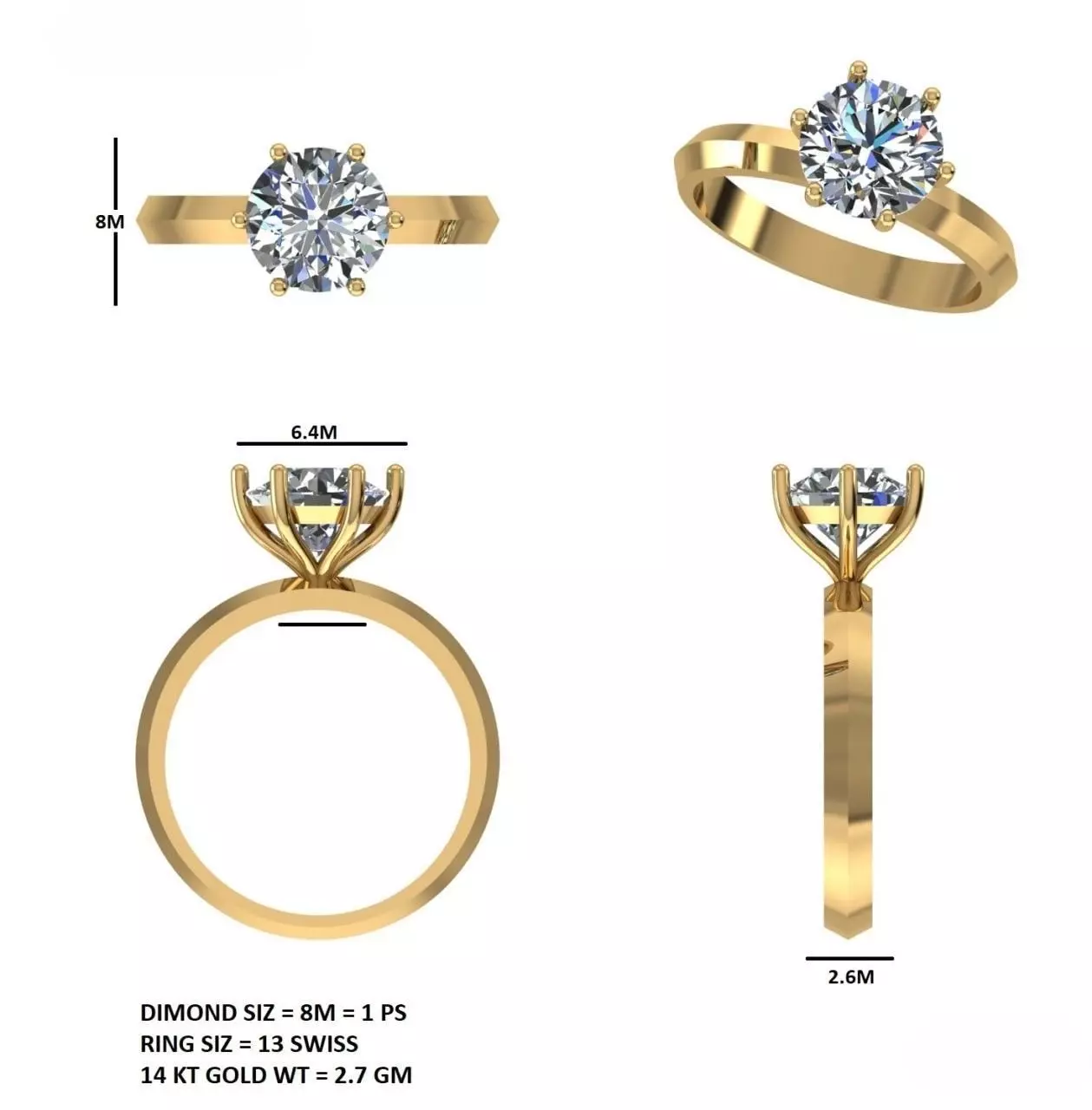 Solitaire Round Diamond Engagement Ring ALL SIZES STL Video 3D print model_15