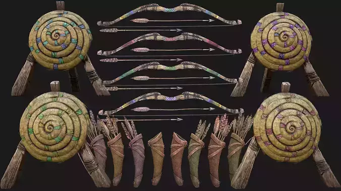 Archer Set Bow Quiver Straw Target Arrows Medieval Weapons Low-poly 3D model