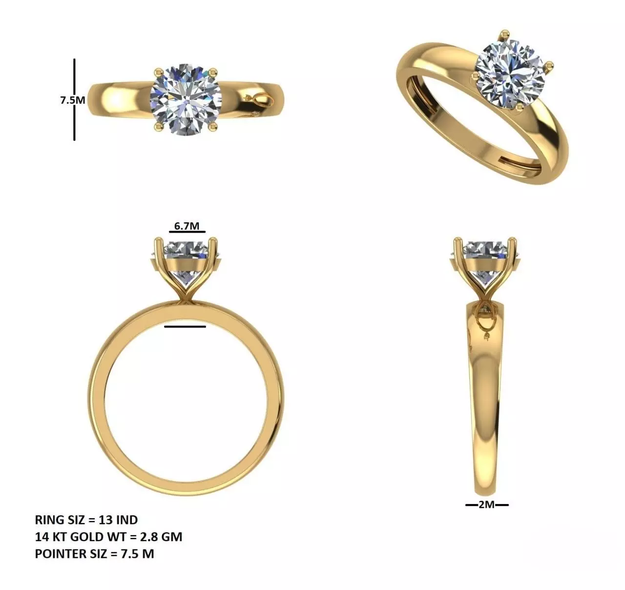 Solitaire Round Diamond Engagement Ring ALL SIZES STL Video 3D print model_15