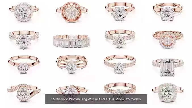 25 Diamond Woman Ring With All SIZES STL Video 3D Model Collection