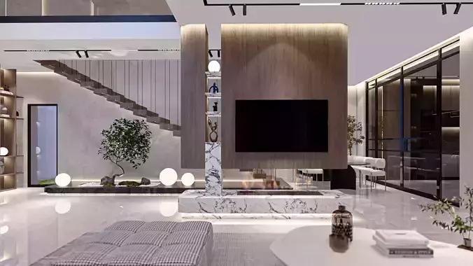 Modern sketchup  interior living room with kitchen 