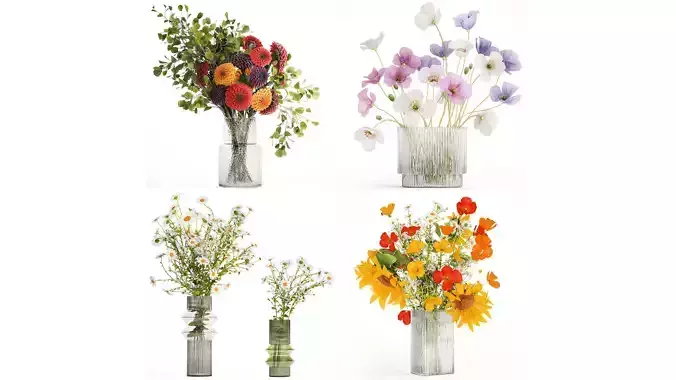 Realistic Bouquets Chamomile Chrysanthemum Poppy set 623