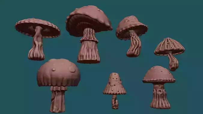 7 High Poly Mushroom Sculptures  3D Print and Game Asset Pack