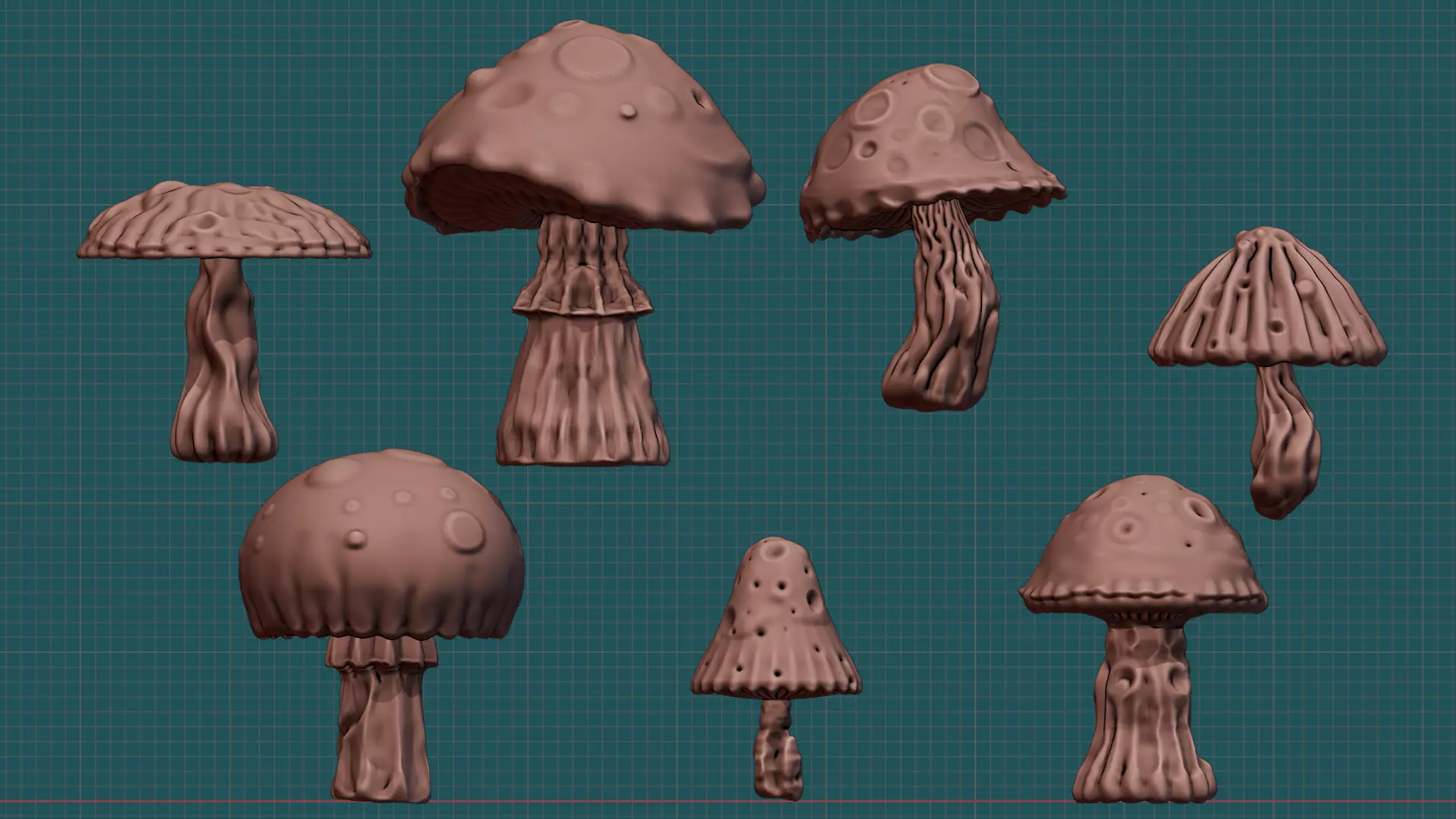 7 High Poly Mushroom Sculptures 3D Print and Game Asset Pack 3D print model