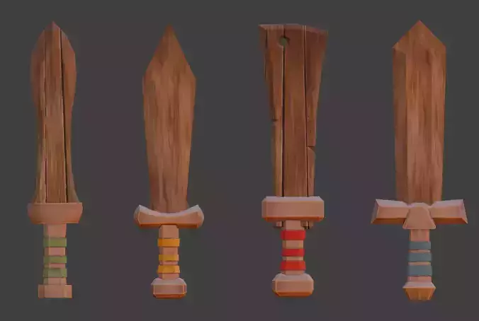 Stylised wood swords low-poly game ready