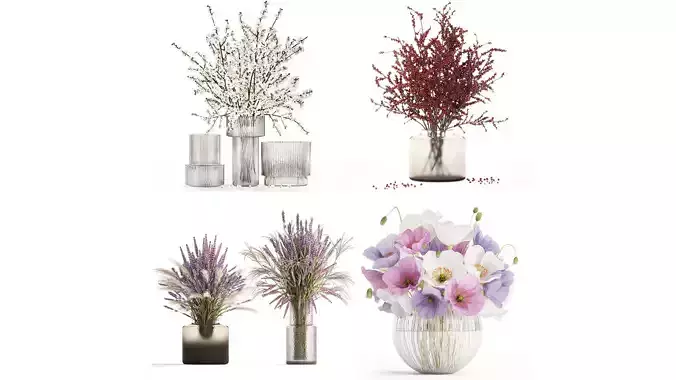Realistic Bouquets Ilex Lavender Sakura Poppy vase Set 624