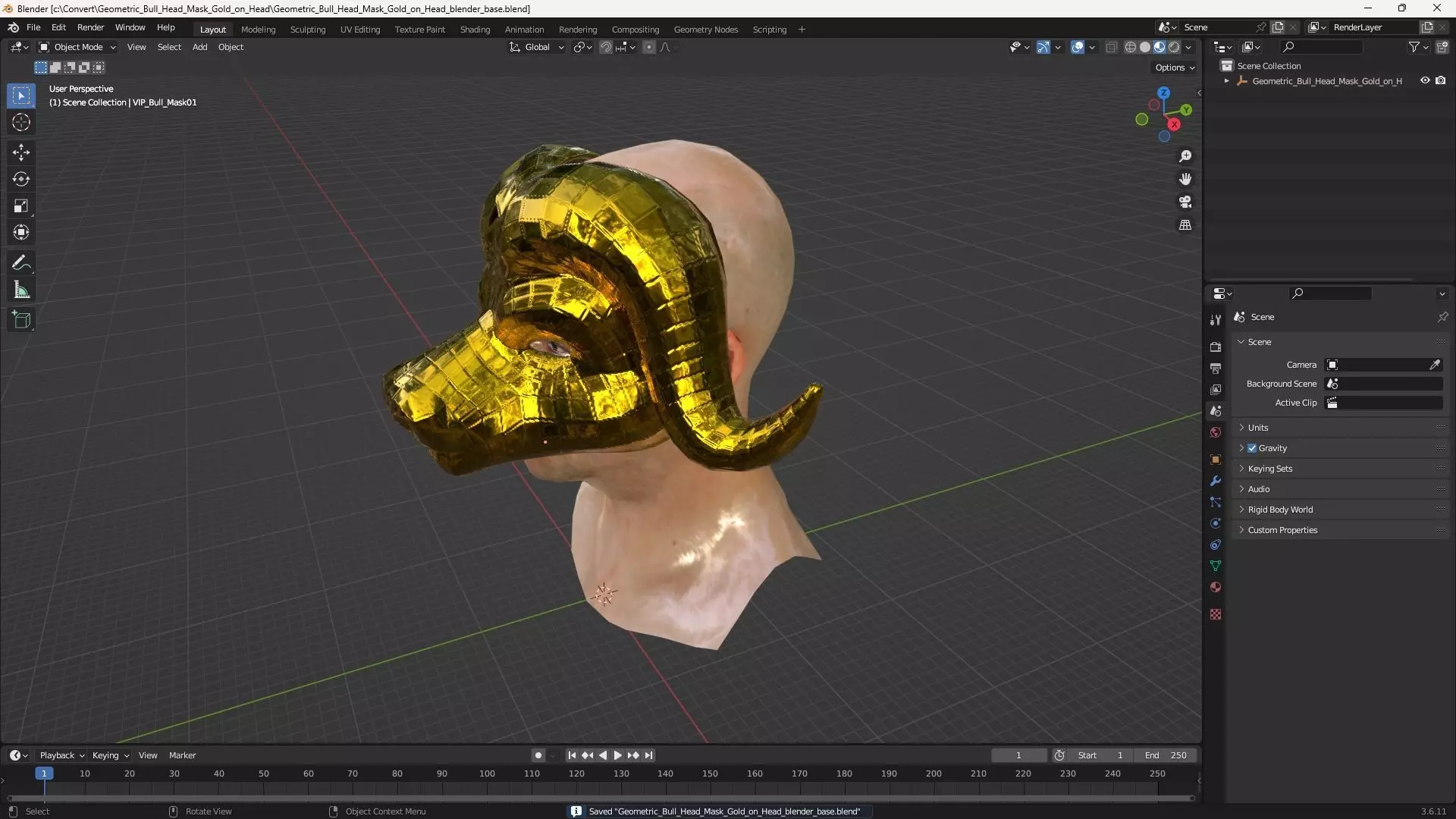 Geometric Bull Head Mask Gold on Head 3D model_12